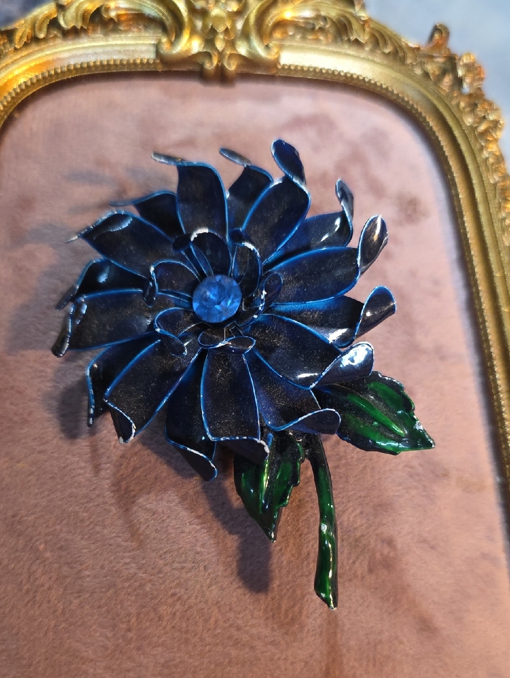 Vintage Enamel Blue Flower Brooch With Crystal Accent